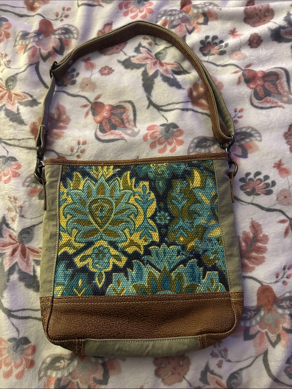 Myra Bag Teal and Yellow Floral Tapestry Shoulder Bag